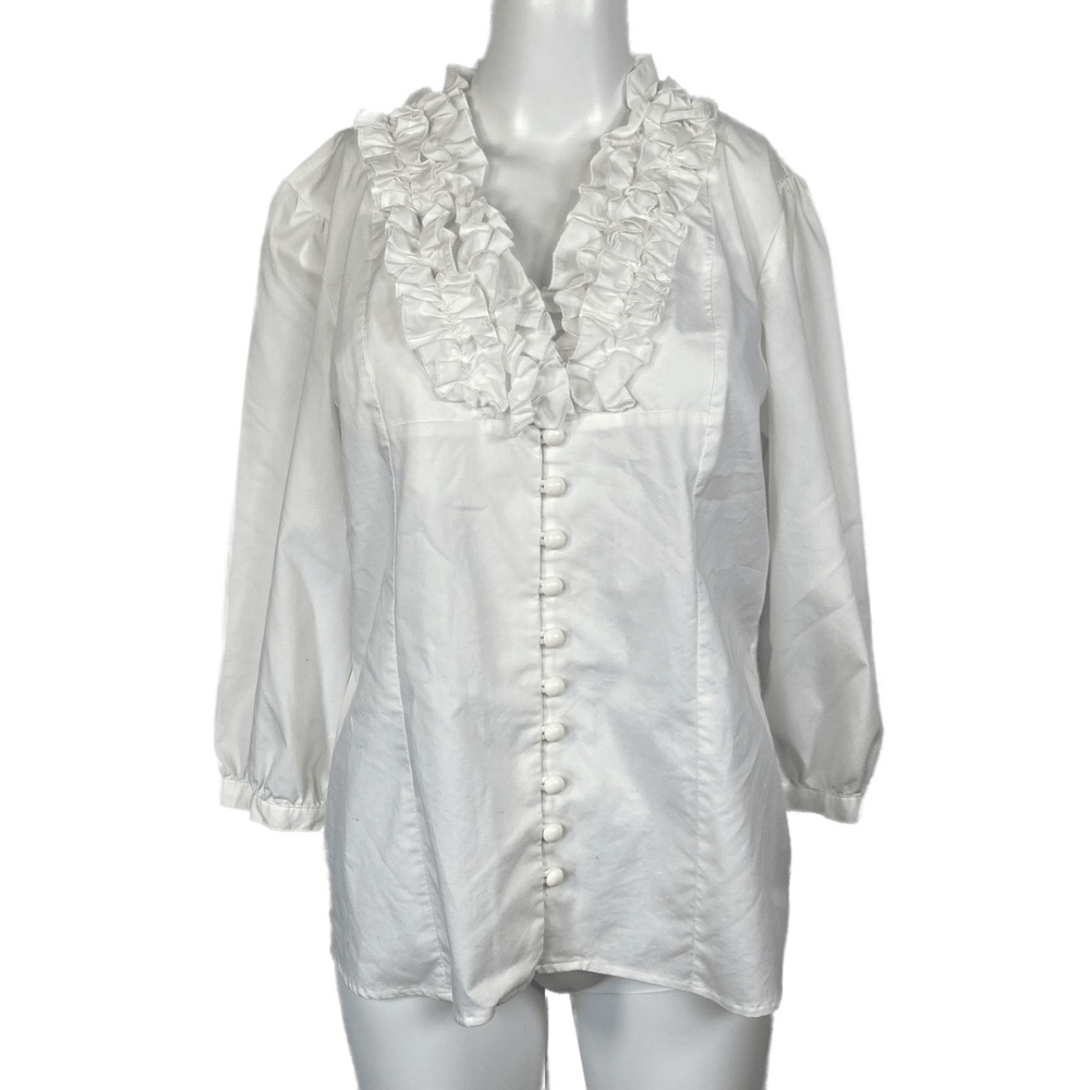 Du Jour Shirt Womens Sz M White Ruffled Cotton Stretch Blouse Top‎ Button Up